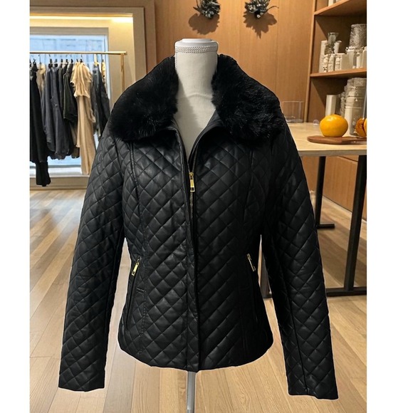 INC Quilted Black Vegan Leather Aviator Bomber Jacket Faux Fur Collar Gold M - Picture 1 of 9